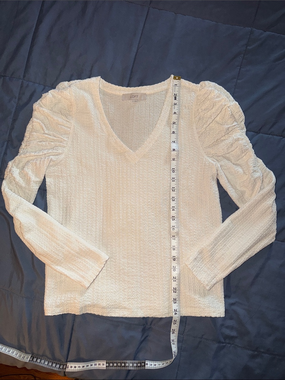 LOFT Cream V-Neck Textured Puff Sleeve Long Sleeve Top